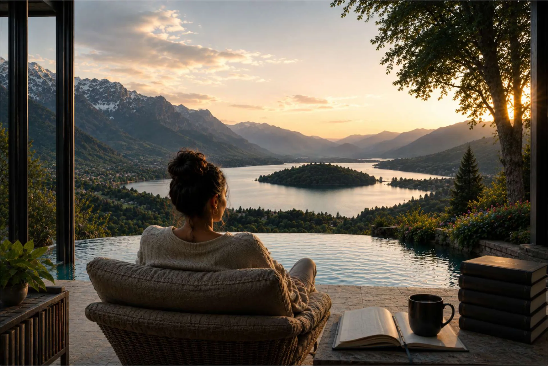 A calm mountain lake at sunset